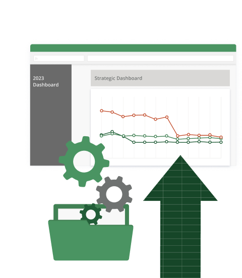 An illustration of an excel window, with a file folder and cogs floating out of it