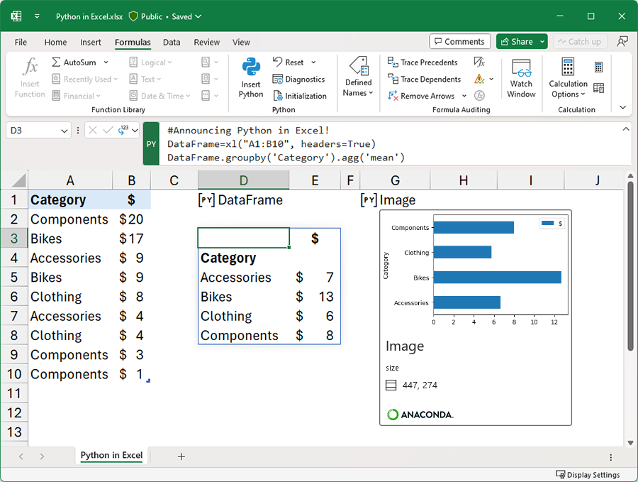 A screenshot of an Excel workbook showing Python in Excel in action, where pandas code groups data by category and calculates averages directly within the sheet.