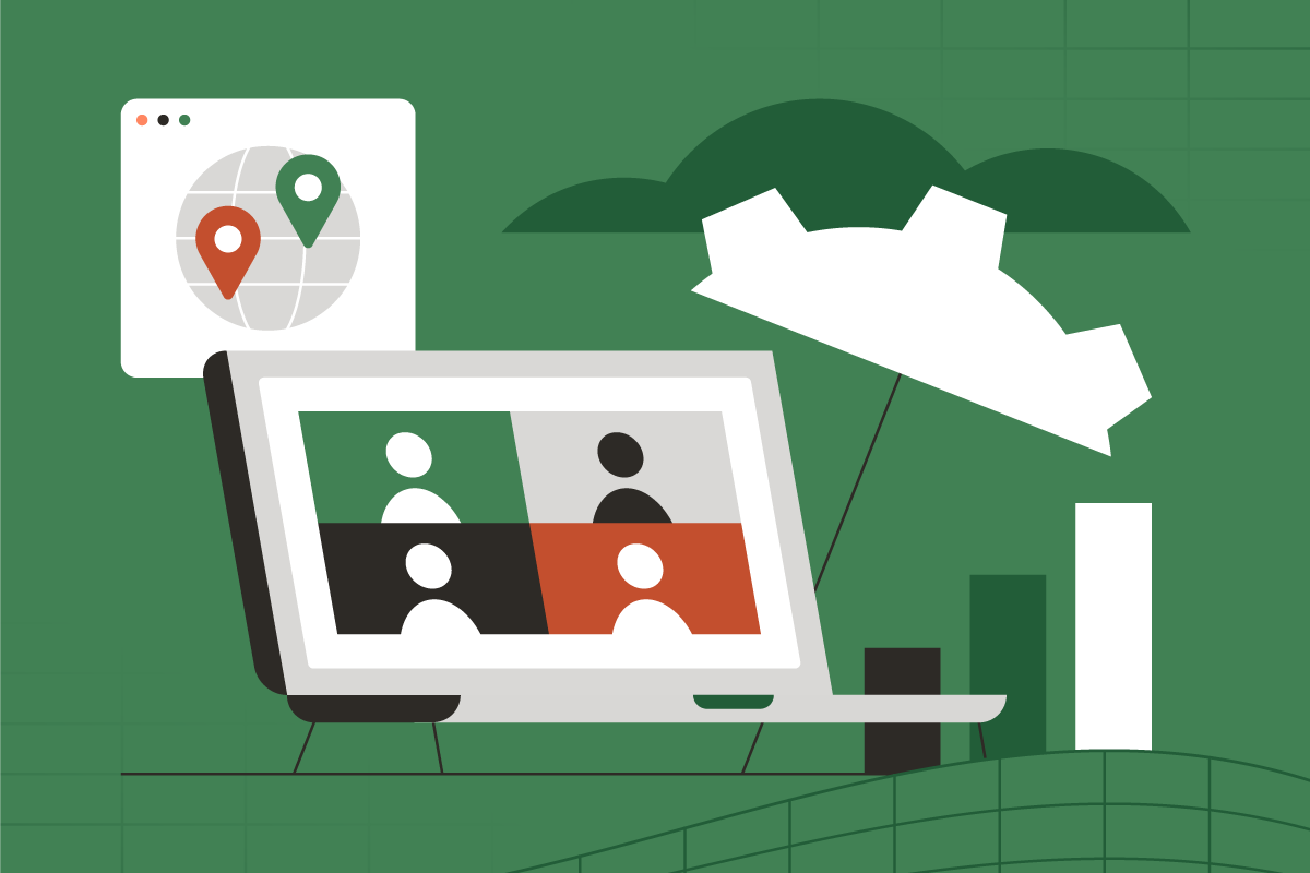 An illustration featuring a laptop and bar graph.