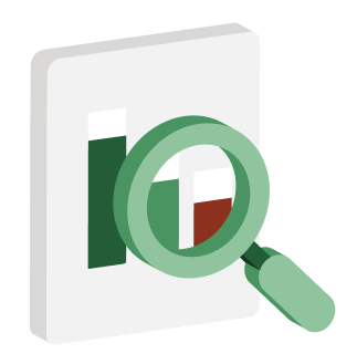Magnifying glass examining a bar chart with green and red bars on a white board.