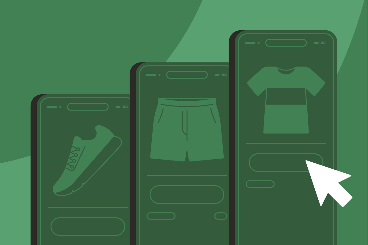 Retail icons including a sneaker, shorts, and a T-shirt on smartphones for online ordering.