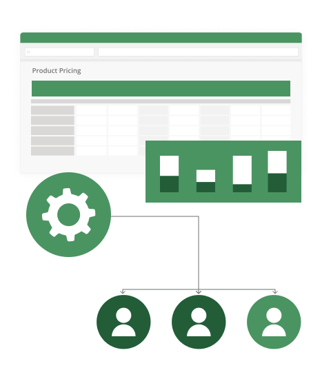 An illustration of an excel document, with icons of a cog and three people