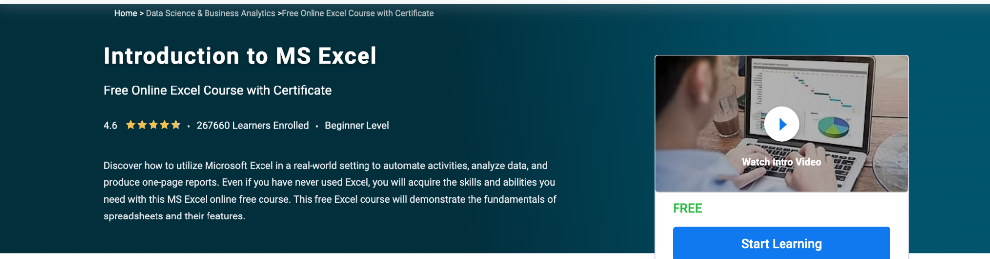 A preview of an Excel course offered through SimpliLearn
