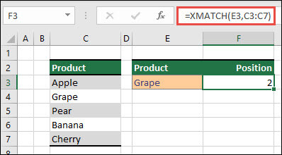 A sample of how to use Excel's XMATCH function