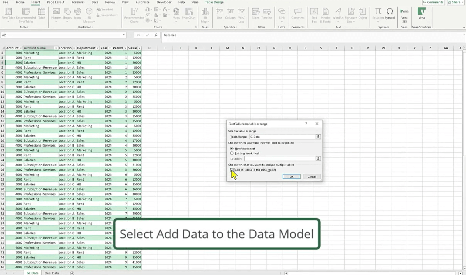 An image showing how to add table data to the data model.