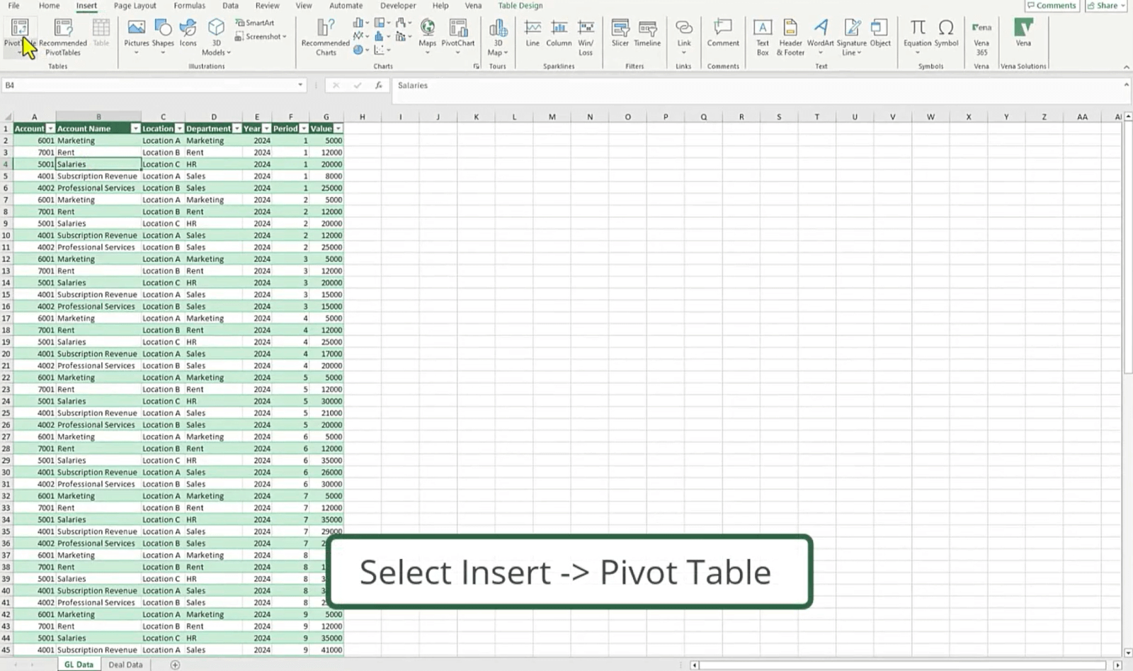 An image showing how to insert a pivot table.
