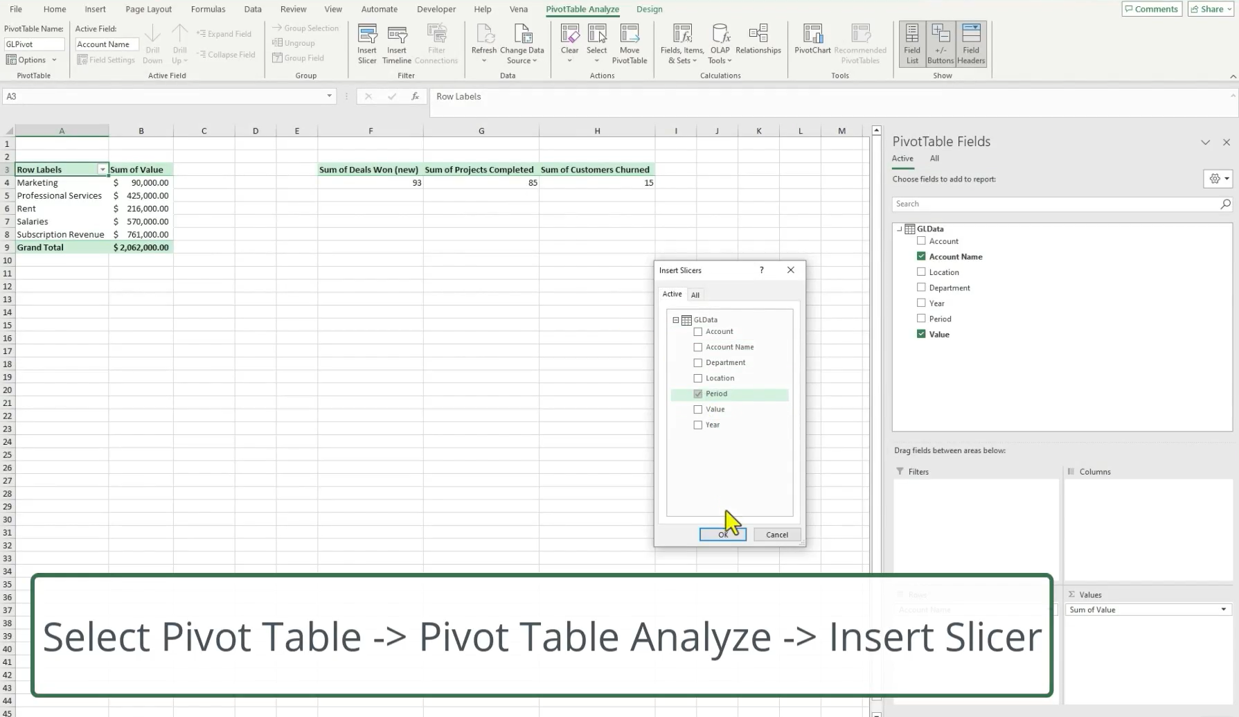 An image showing how to insert a slicer.