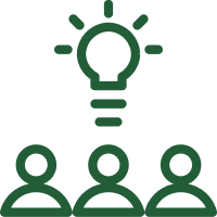 A green icon of a light bulb and three people