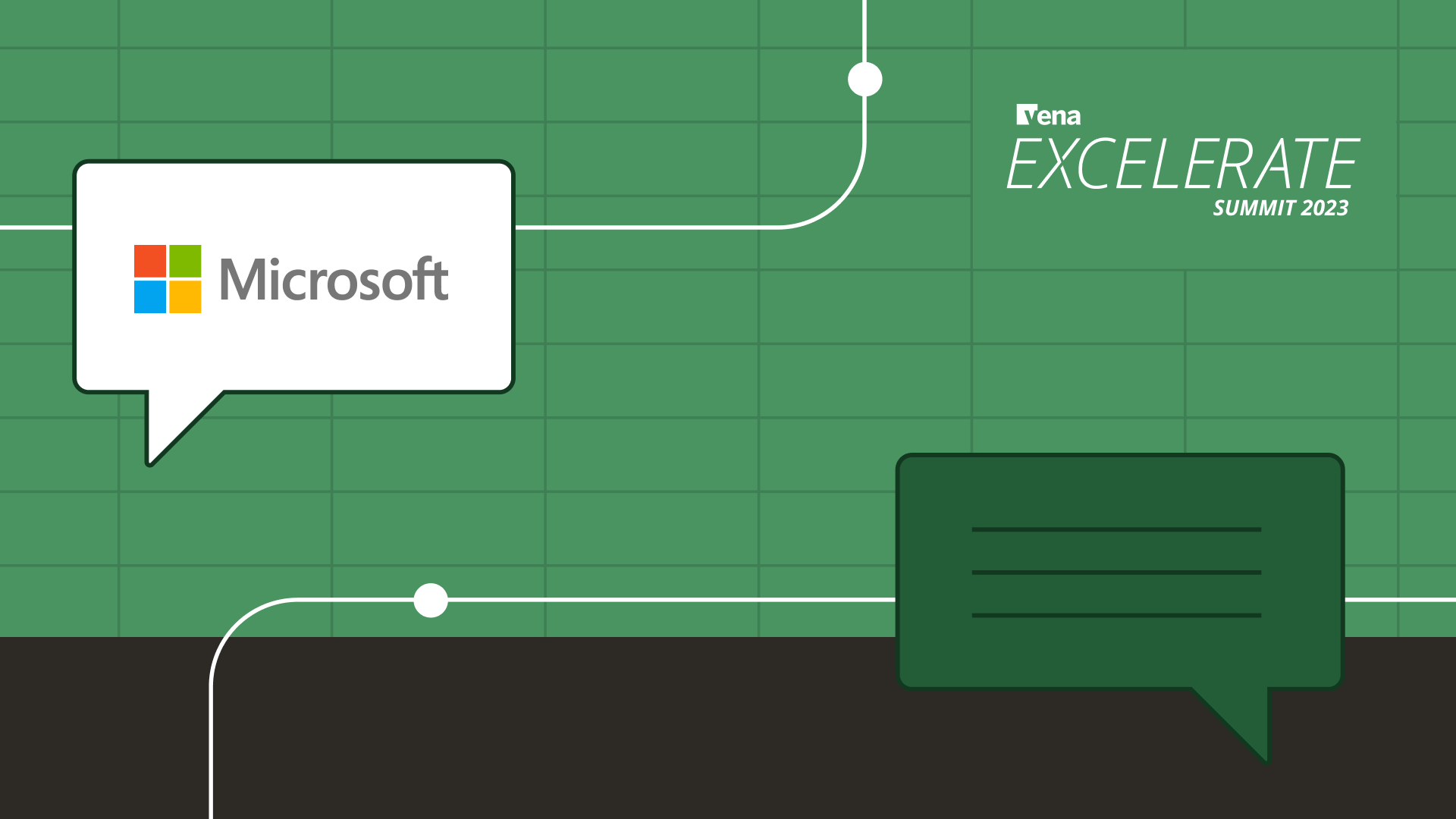 Two speech bubbles, one with the Microsoft logo inside, on a green background, with the Vena Excelerate Summit 2023 logo in the corner