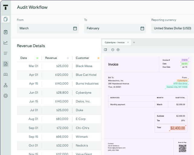 A view of the Trullion product showing a series of invoices being audited