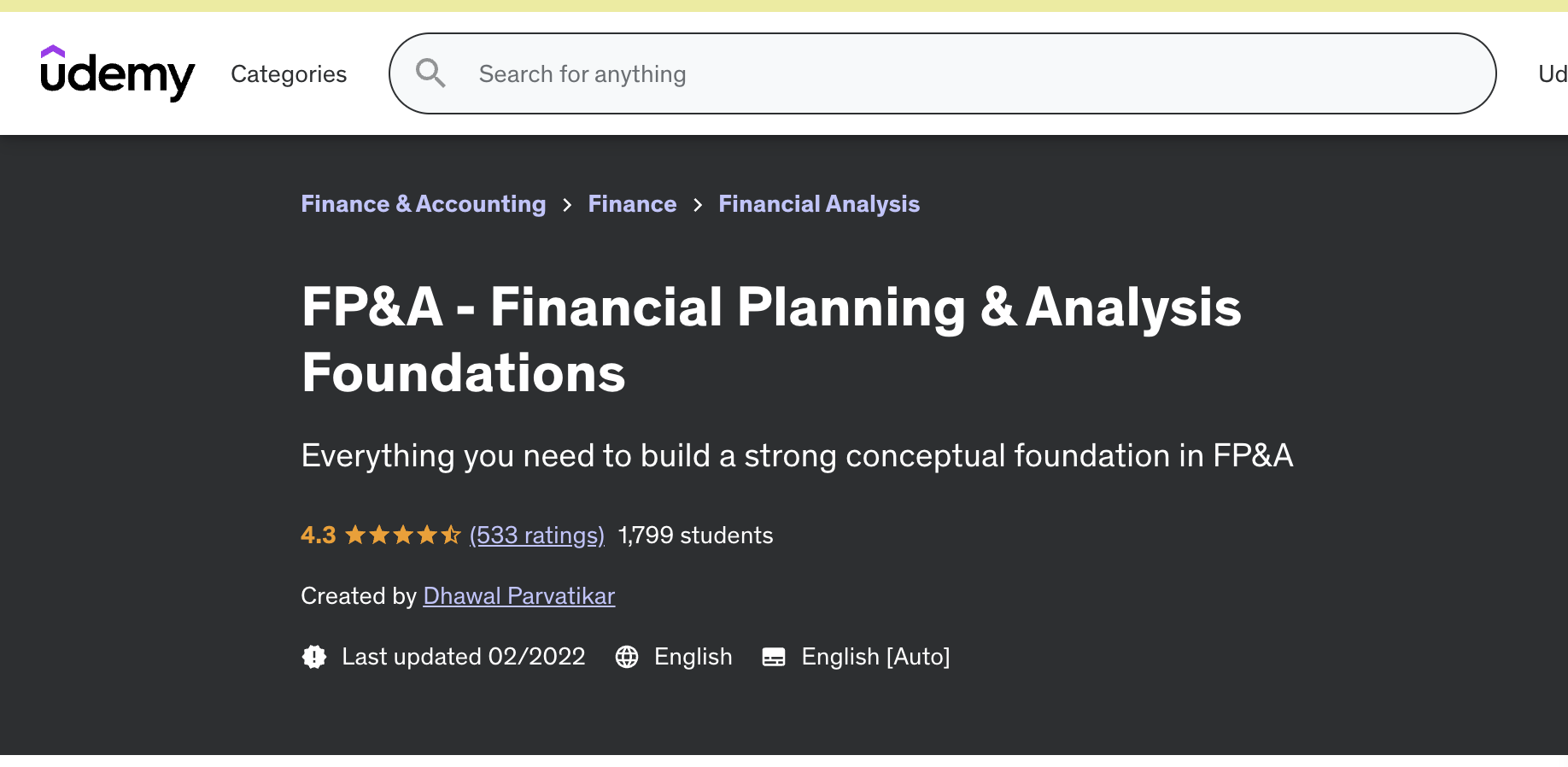 A preview of the Financial Planning and Analysis Foundations course from the Udemy website