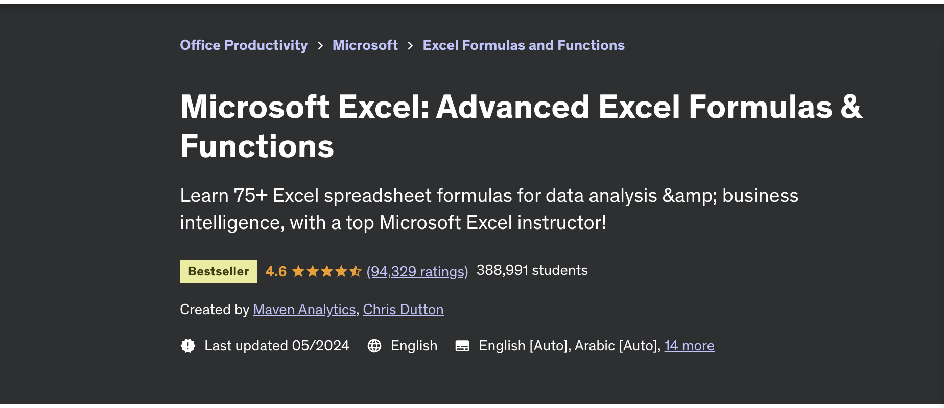 A preview of an Excel course offered through Udemy