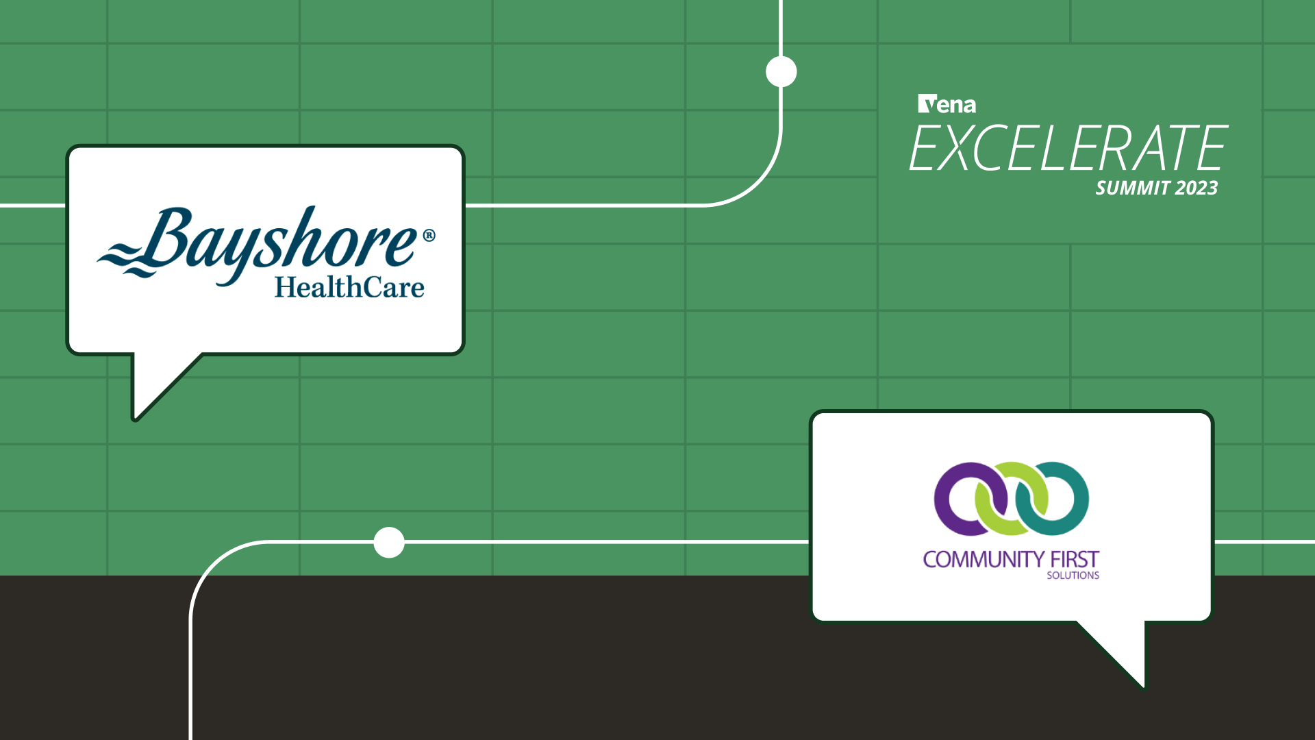 Two speech bubbles, one with a Bayshore HealthCare logo, the other with the Community First Solutions logo, on a green background, with the Vena Excelerate Summit 2023 logo in the corner