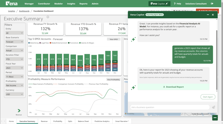 Vena Copilot generating a custom financial report that opens in Excel with Ad Hoc Reporting enabled