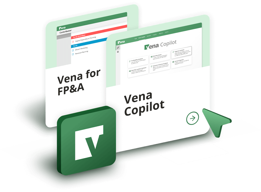 Vena product screens with text “Vena for FP&A” and “Vena Copilot,” green Vena logo tile, and a green arrow cursor.