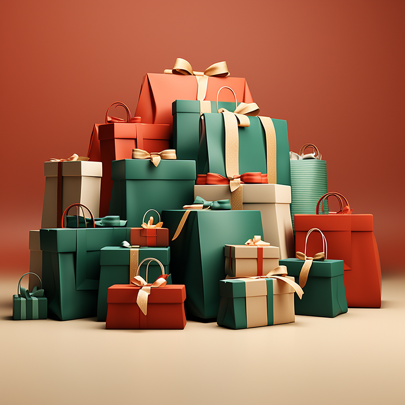 A pile of beautifully wrapped gifts in green, red and gold packaging, set against a red background