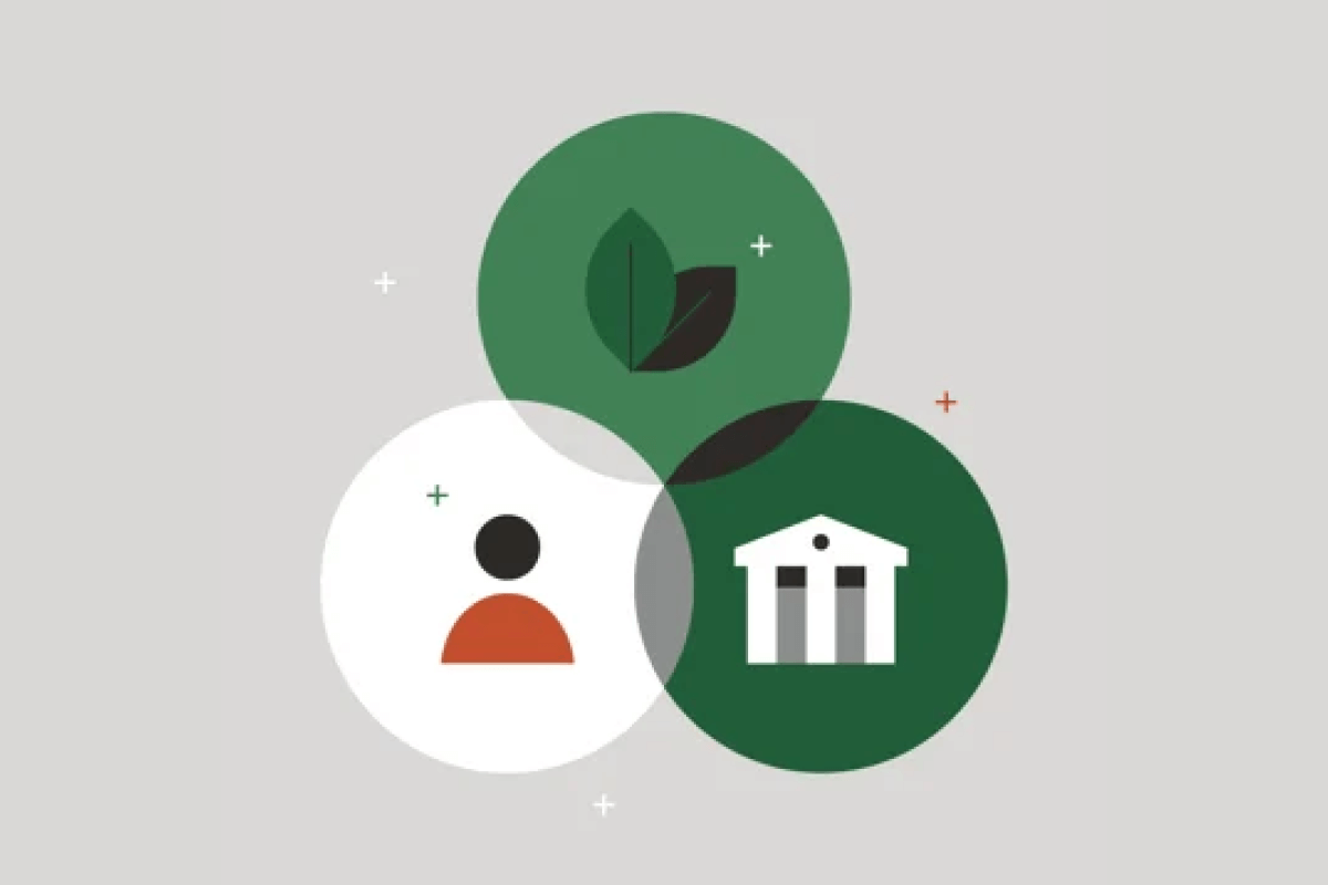 Three overlapping circles showing a person icon, a leaf, and a government building on a gray background.