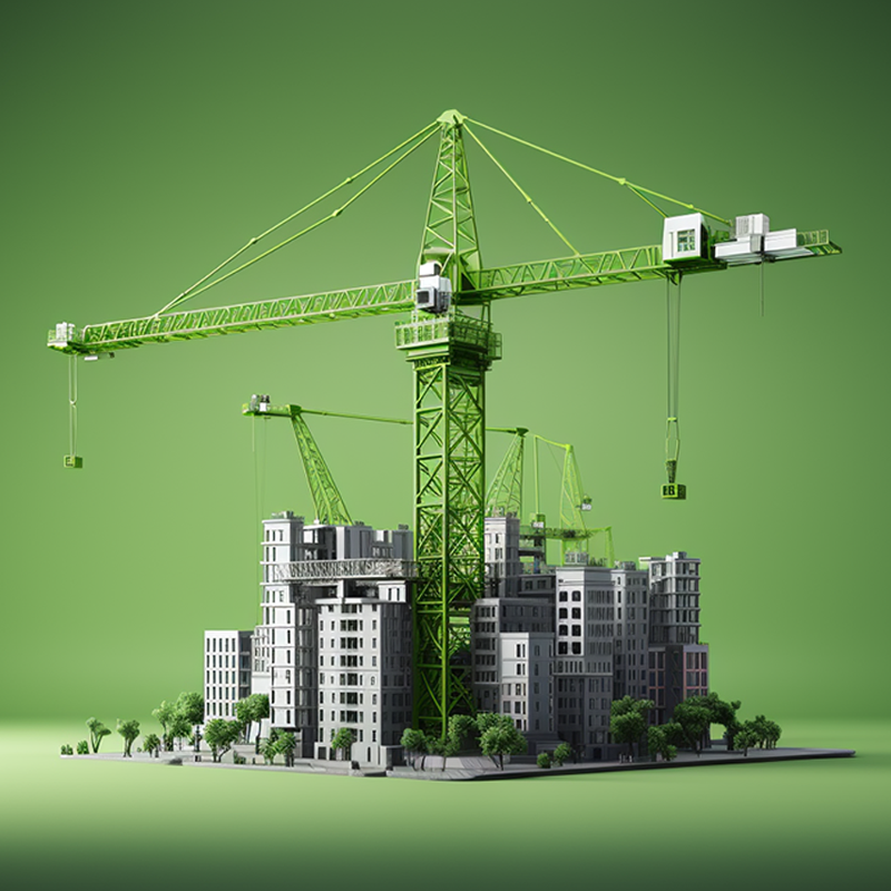 An illustration of a city with high rise buildings surrounded by trees with a large construction crane emerging from the center