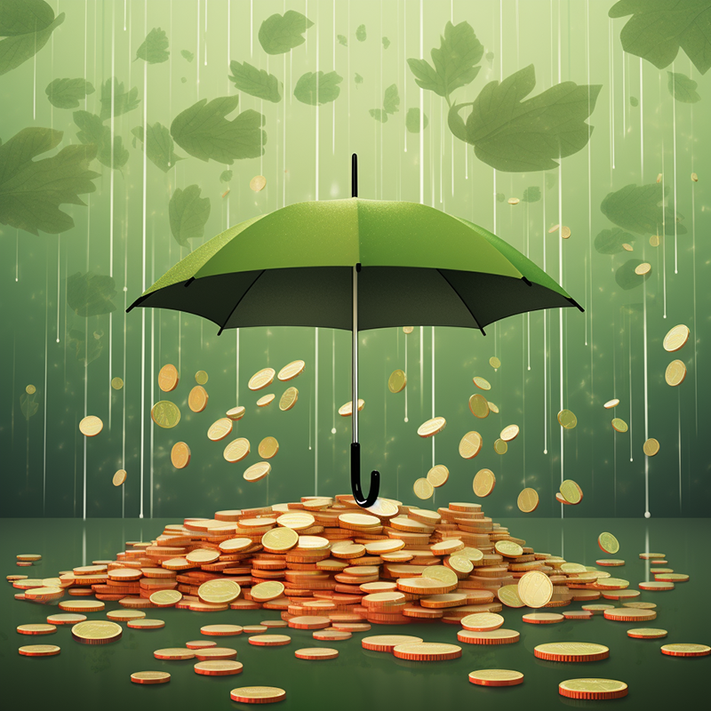 An umbrella protecting a stack of coins from the rain. 