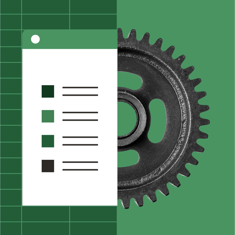A split screen with a black machine cog on the right side and a demand planning software window on the right side, set against a dark green background