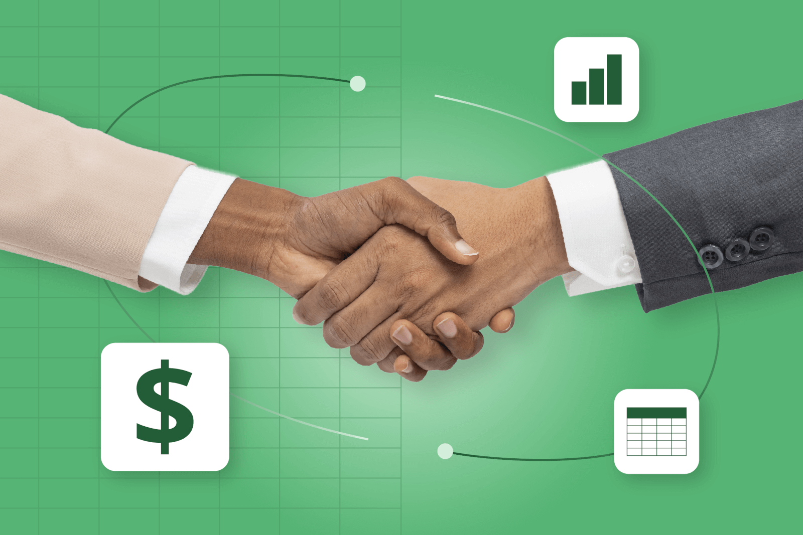 Business professionals shaking hands, with money and a dollar signs .