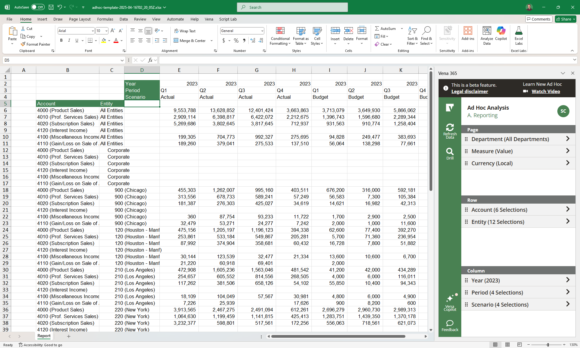 A view of the ad hoc reporting tools available through the Vena Copilot Reporting Agent