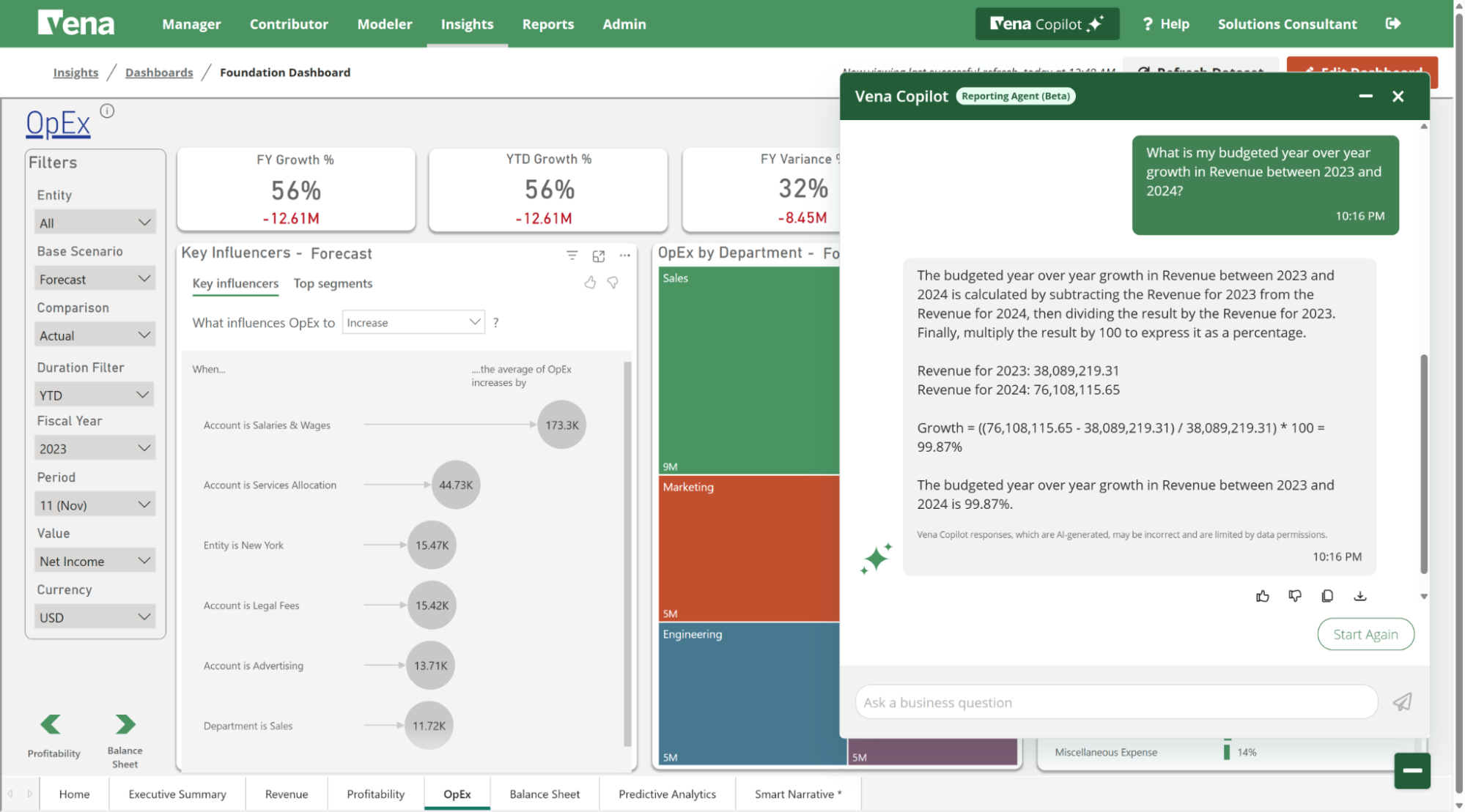 A view of Vena Copilot providing a detailed answer in response to a prompt about revenue growth.