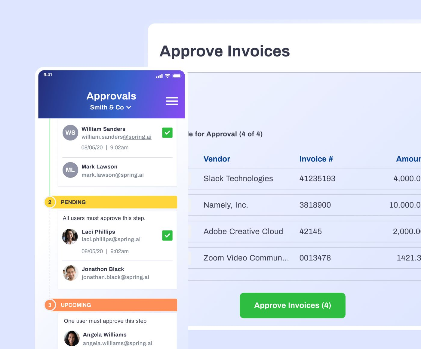 A view of the Vic.AI product showing a series of invoices for approval