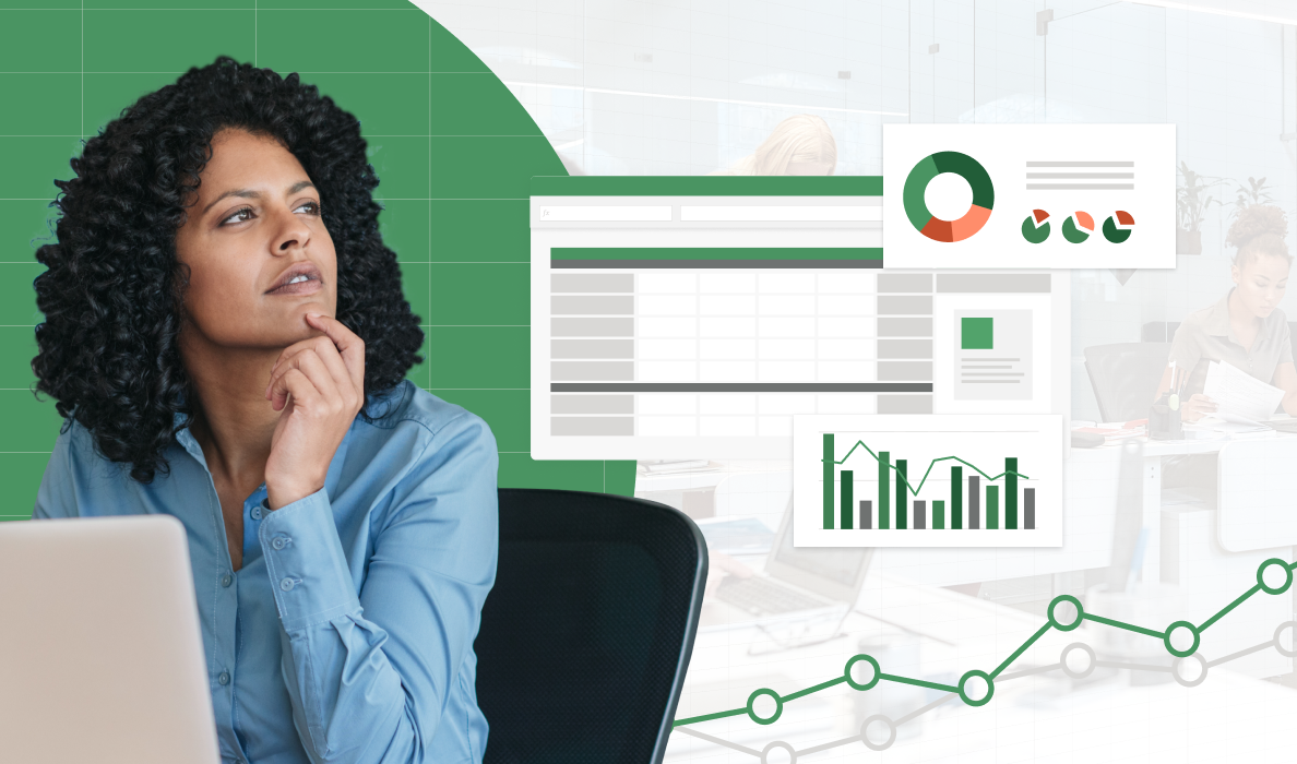 A finance professional deep in thought, surrounded by charts and graphs