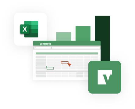 Spreadsheet, Excel icon and Vena icon with bar chart in background.