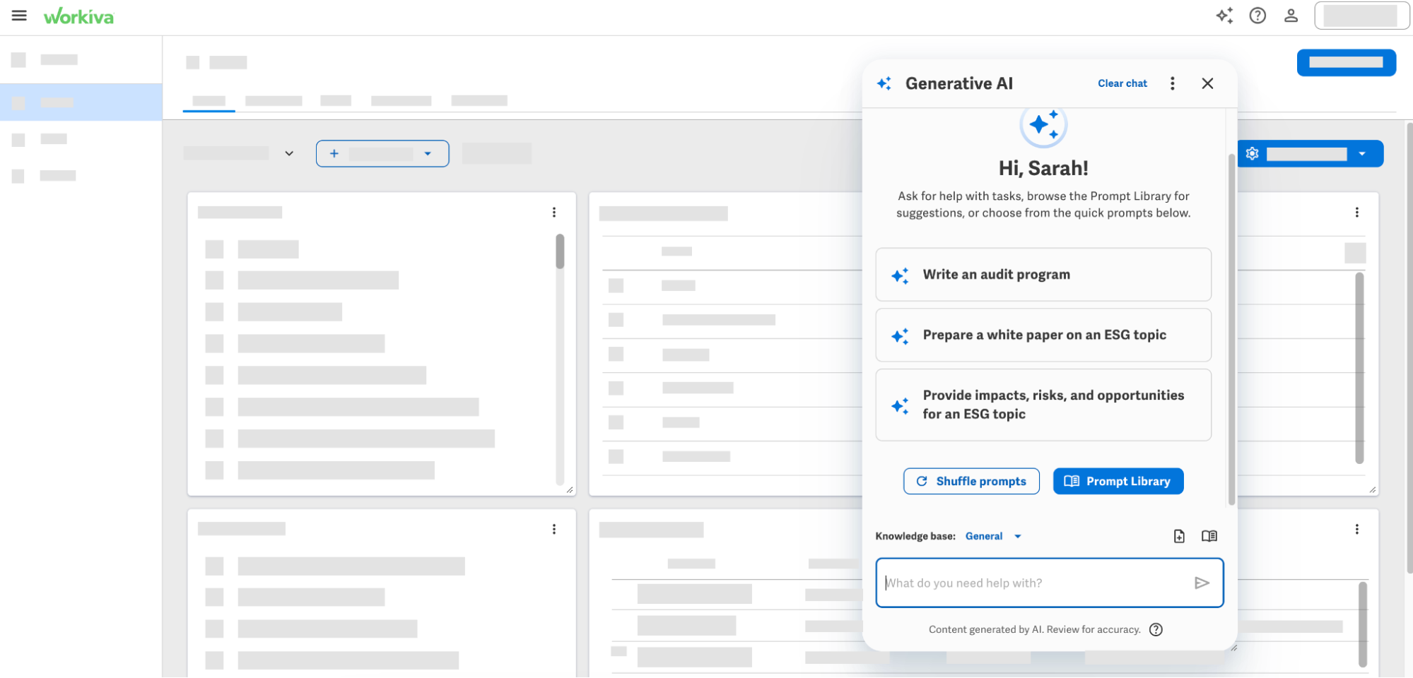 A view of the Workiva product with an AI chat window on the screen